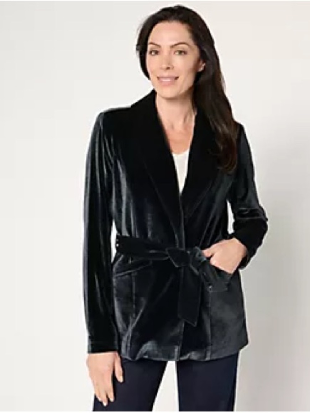 Lawrence Zarian The Sharon Velvet Tie-Belt Blazer Jacket - Slate